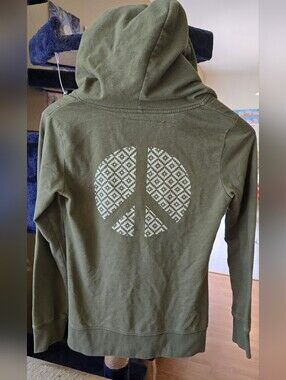 Organic Cotton Olive Green Zip Up Hoodie Sweater with White Peace Graphic